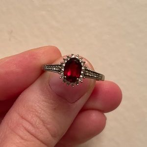 Oval Lab-Created Red and White Sapphire Frame Ring in Sterling Silver